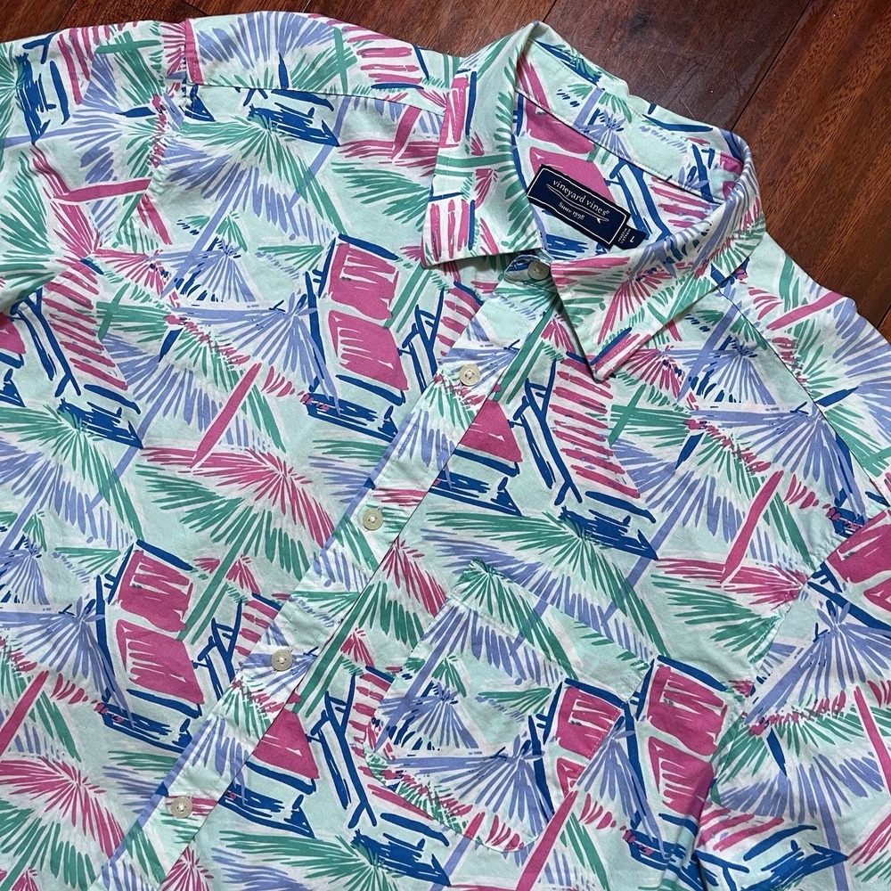 Vineyard Vines Shirt Mens Large Short Sleeve Button Up Nautical Boat AOP Graphic